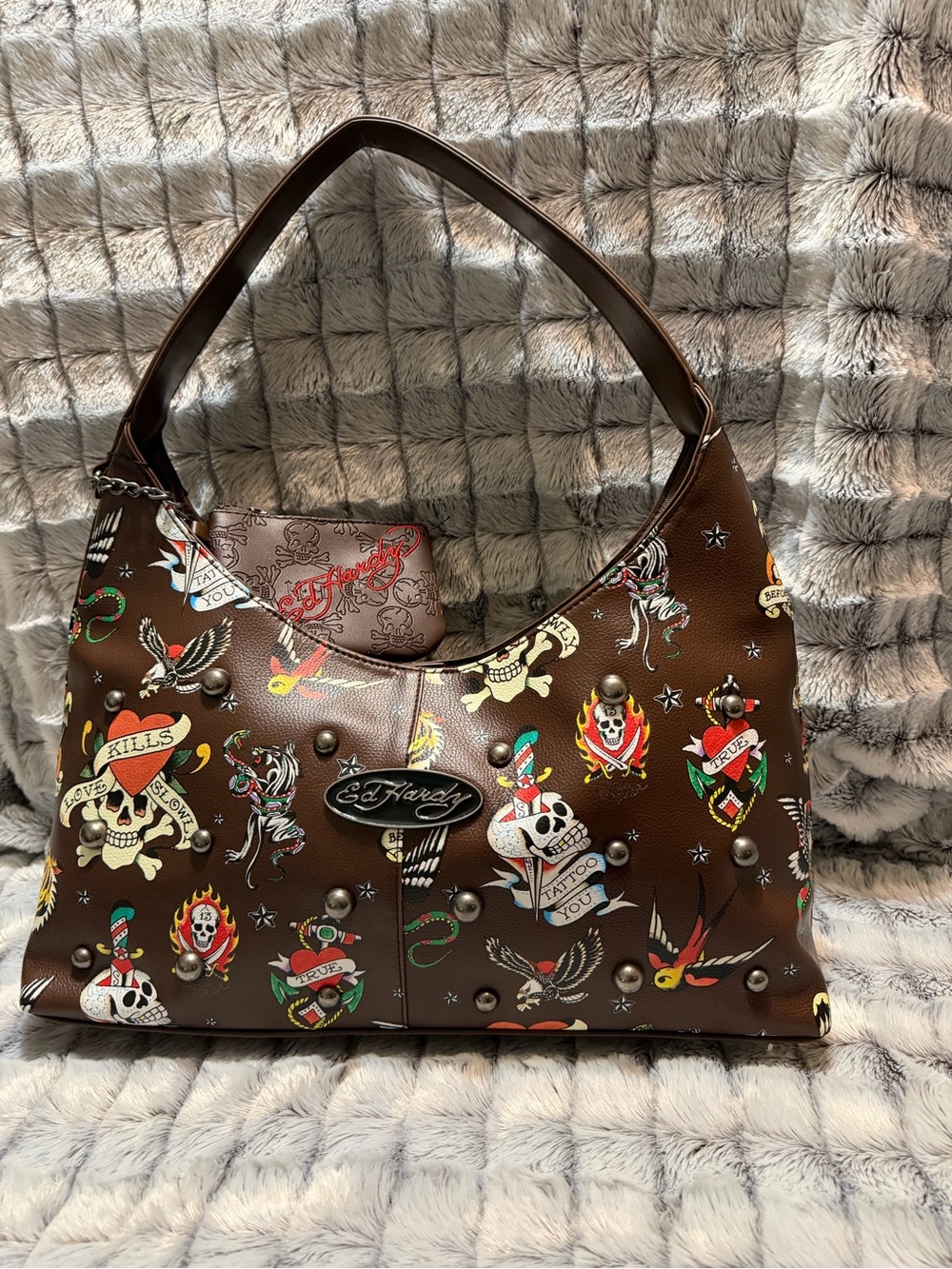 Ed Hardy Brown Hobo Bag with Multicolor Graphics